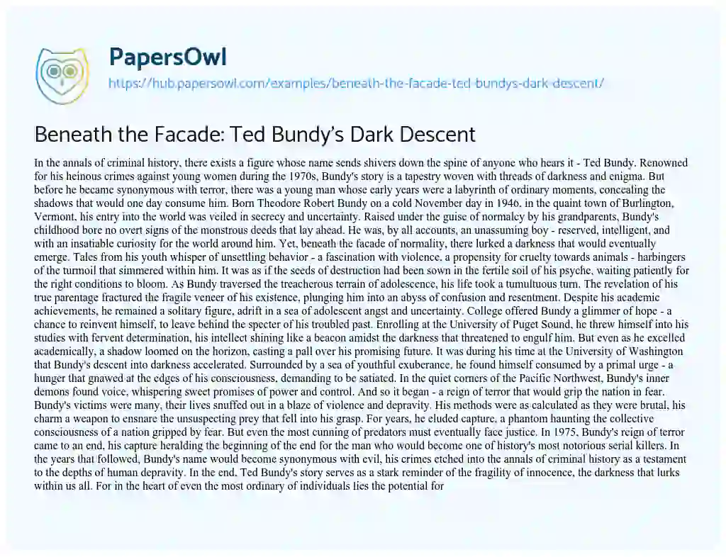 Essay on Beneath the Facade: Ted Bundy’s Dark Descent