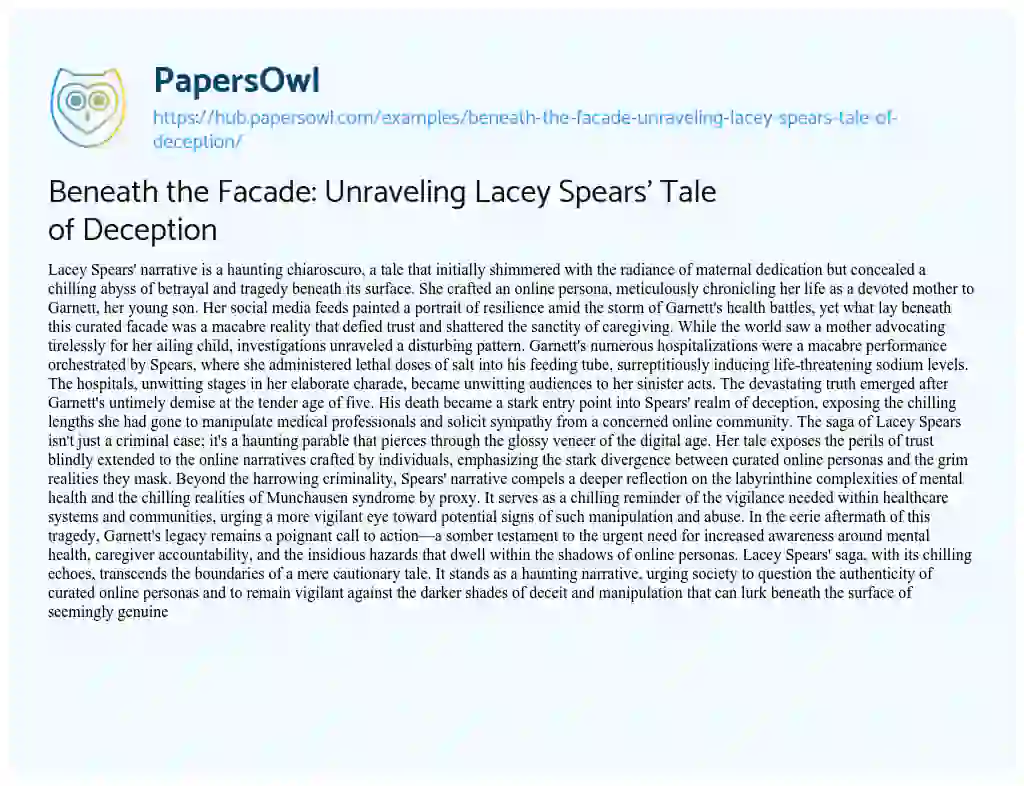 Essay on Beneath the Facade: Unraveling Lacey Spears’ Tale of Deception