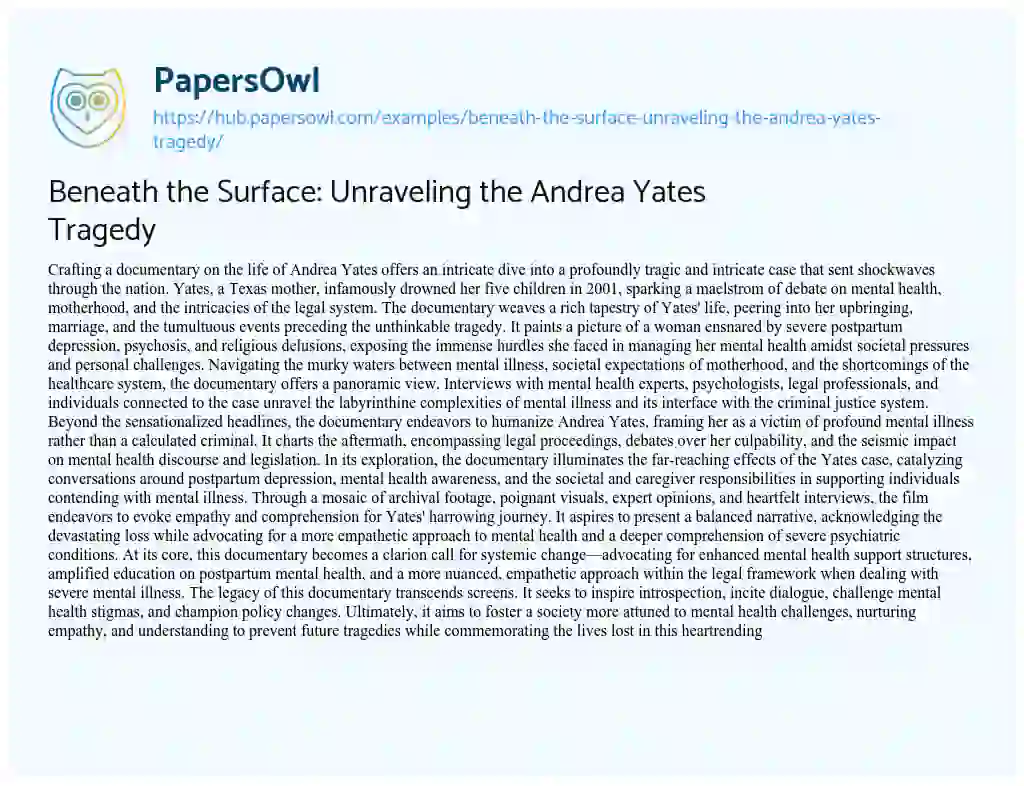 Essay on Beneath the Surface: Unraveling the Andrea Yates Tragedy