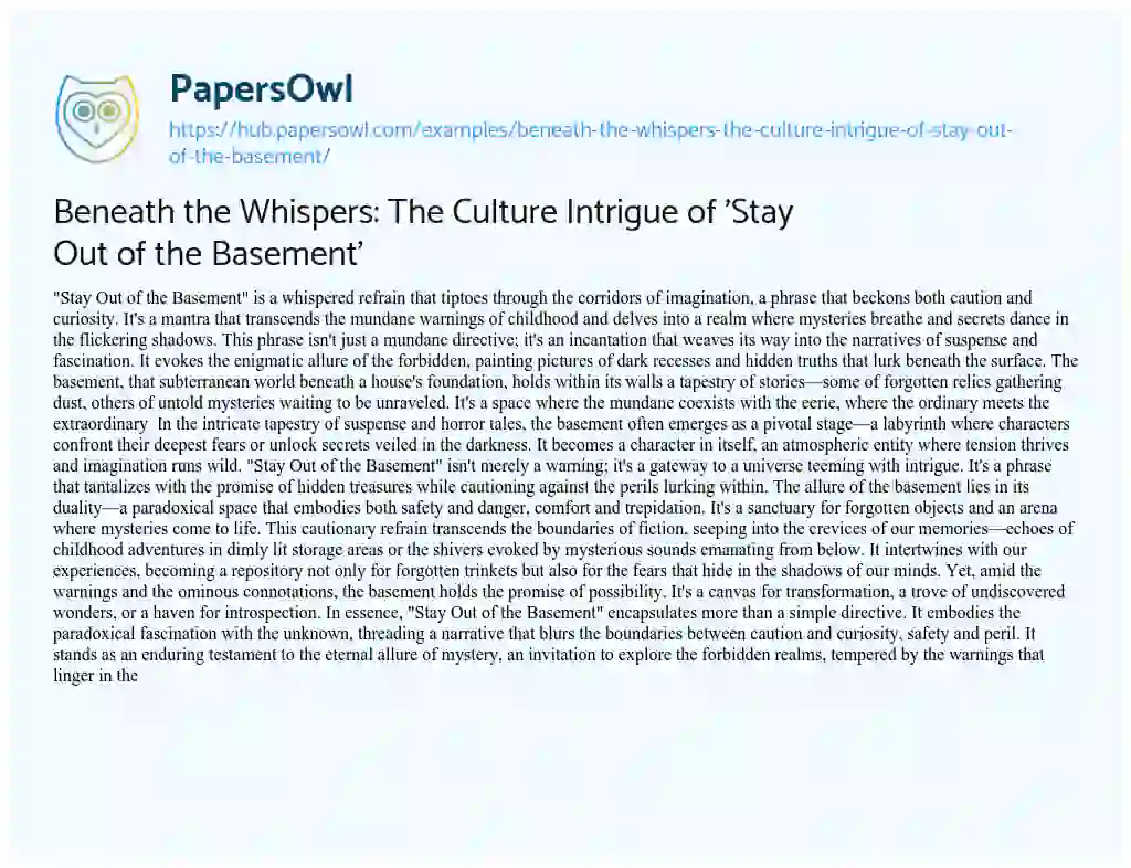 Essay on Beneath the Whispers: The Culture Intrigue of ‘Stay Out of the Basement’