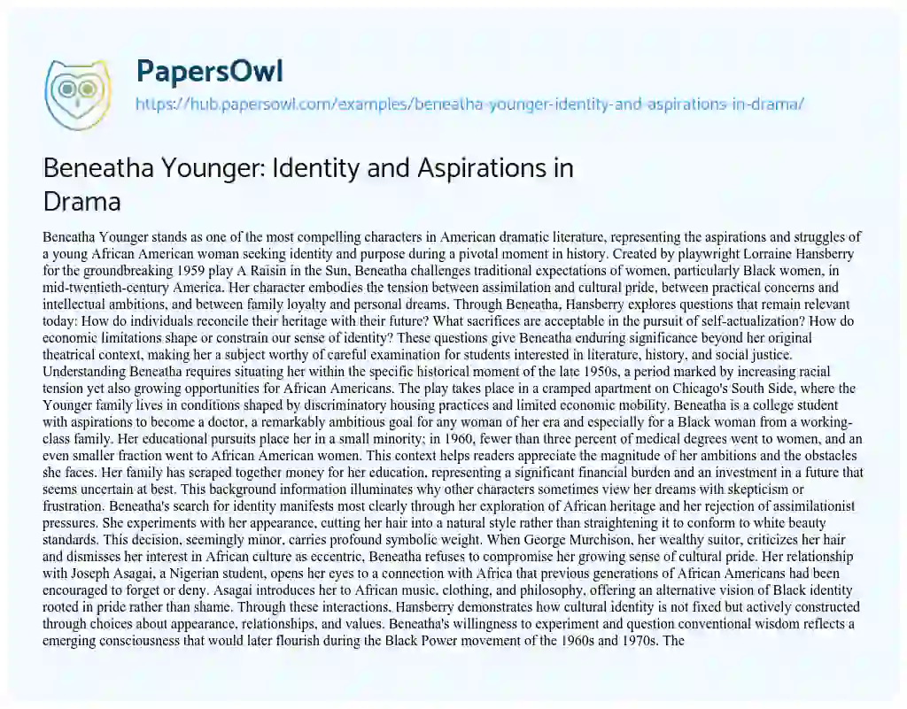 Essay on Beneatha Younger: Identity and Aspirations in Drama