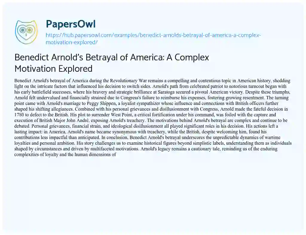 Essay on Benedict Arnold’s Betrayal of America: A Complex Motivation Explored