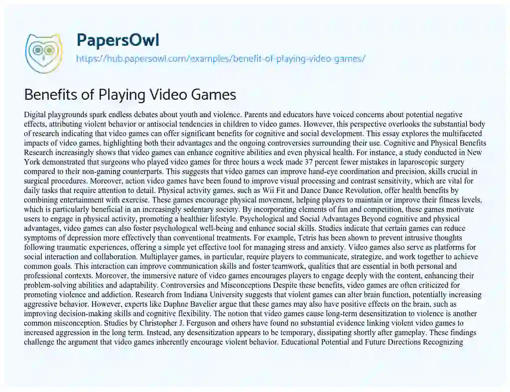 Essay on Benefits of Playing Video Games