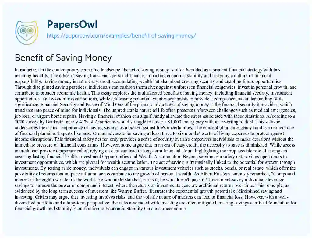 Essay on Benefit of Saving Money