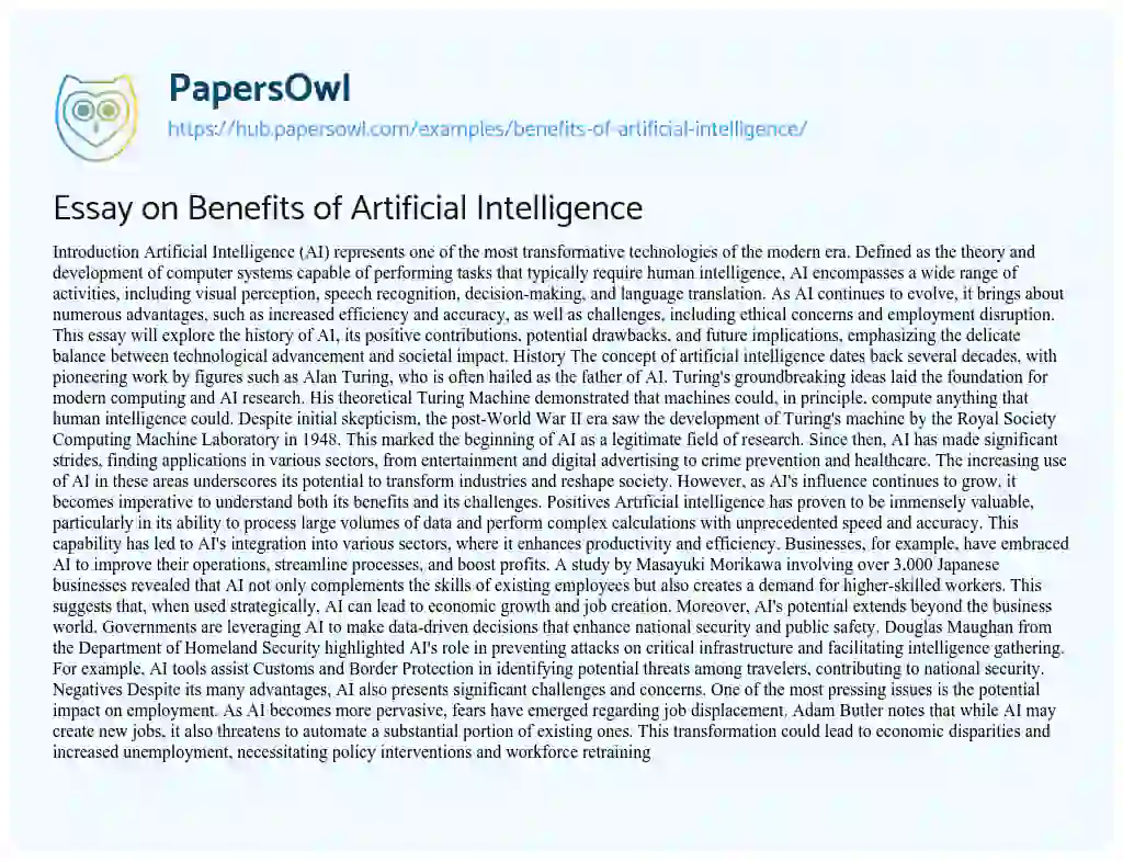 Essay on Essay on Benefits of Artificial Intelligence