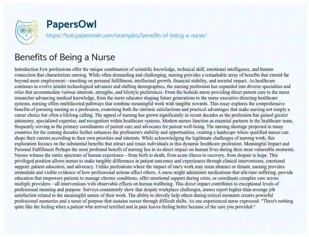 Essay on Benefits of Being a Nurse