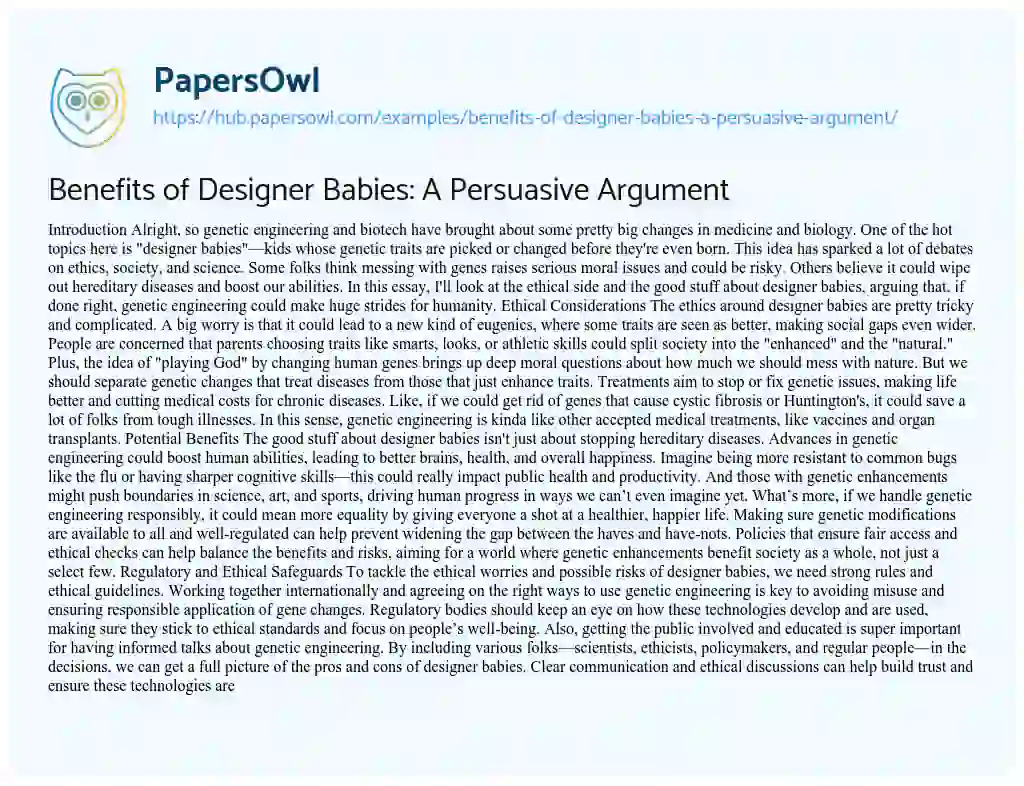 Essay on Benefits of Designer Babies: A Persuasive Argument