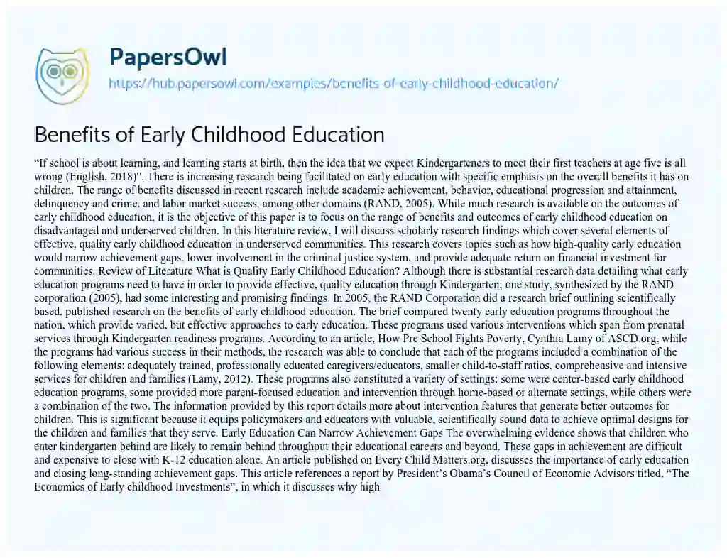 Essay on Benefits of Early Childhood Education