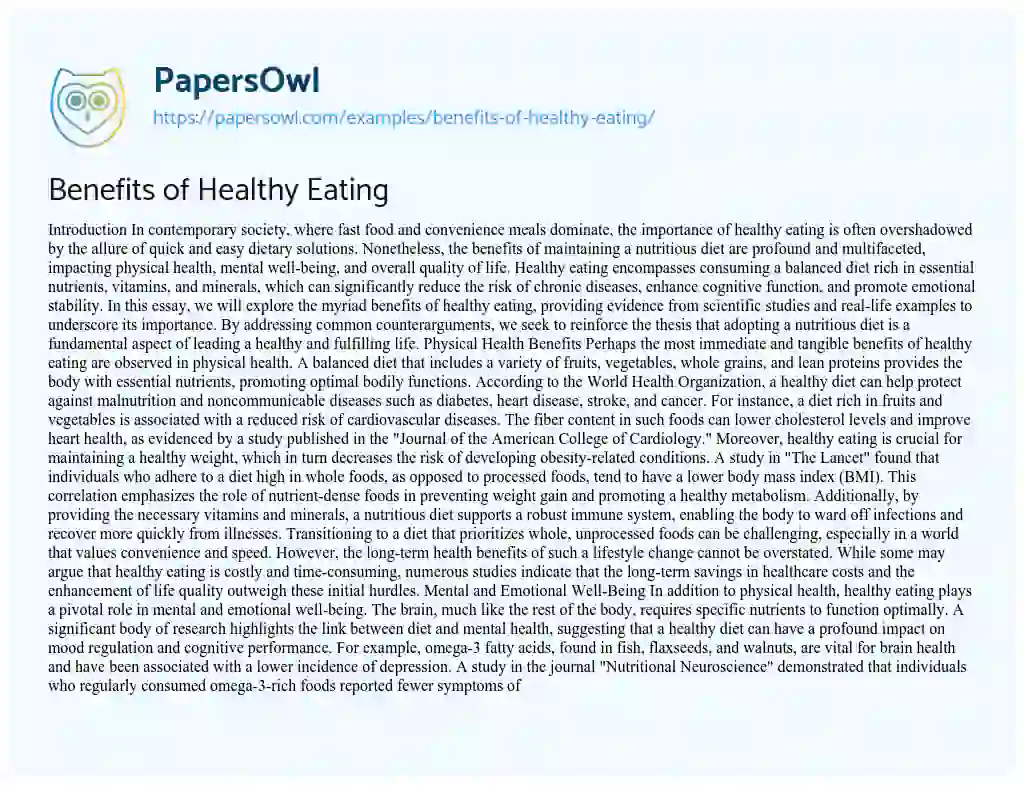 Essay on Benefits of Healthy Eating