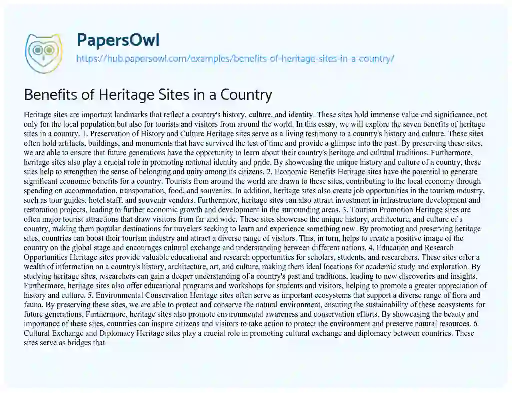 Essay on Benefits of Heritage Sites in a Country