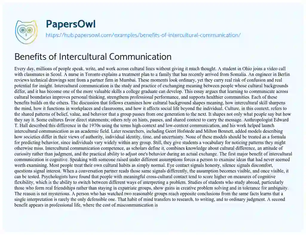 Essay on Benefits of Intercultural Communication