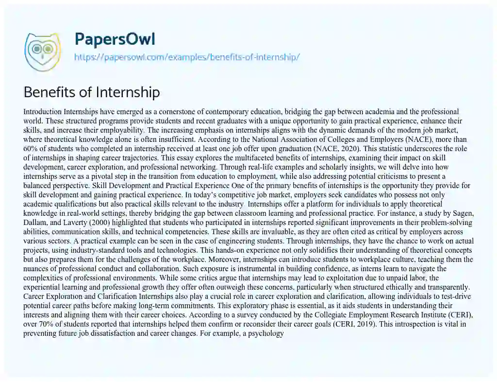 Essay on Benefits of Internship
