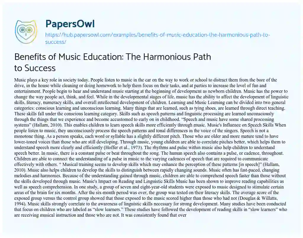 Essay on Benefits of Music Education: The Harmonious Path to Success