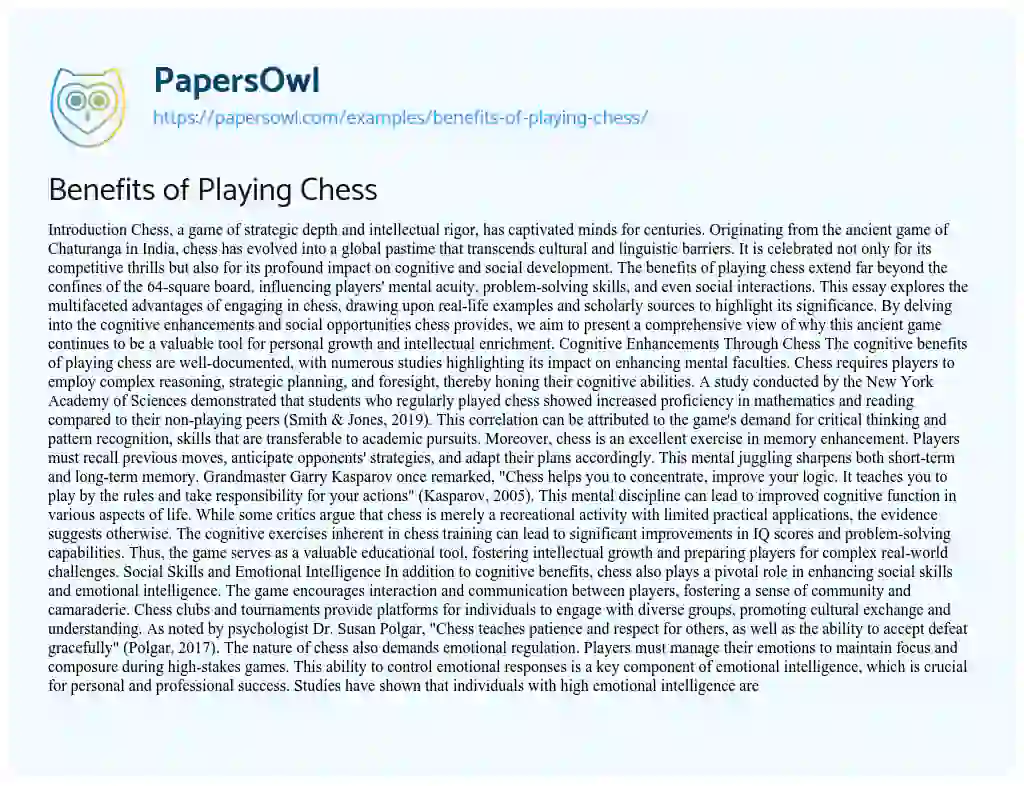 Essay on Benefits of Playing Chess