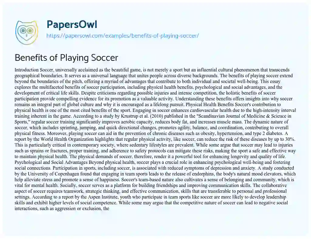Essay on Benefits of Playing Soccer