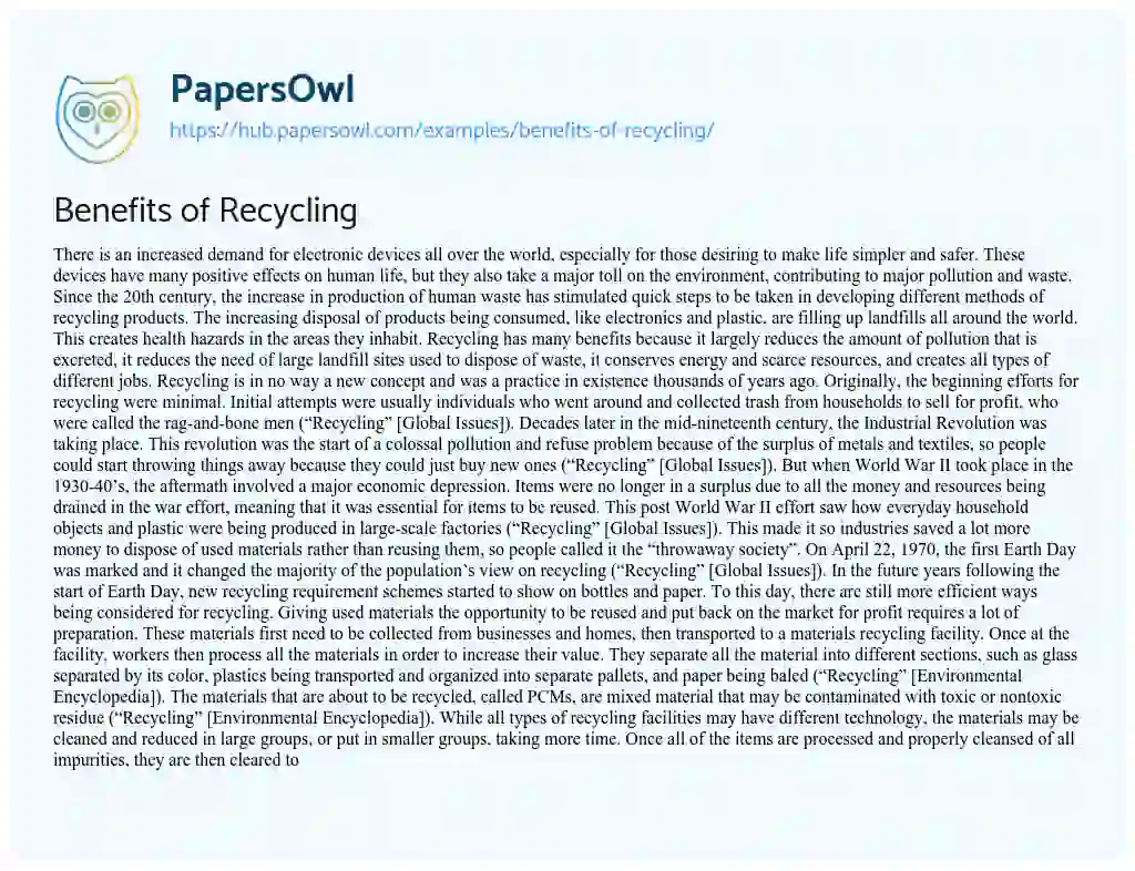 Essay on Benefits of Recycling