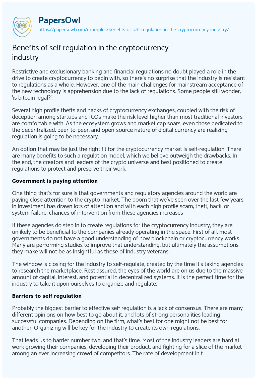 Essay on Benefits of self regulation in the cryptocurrency industry