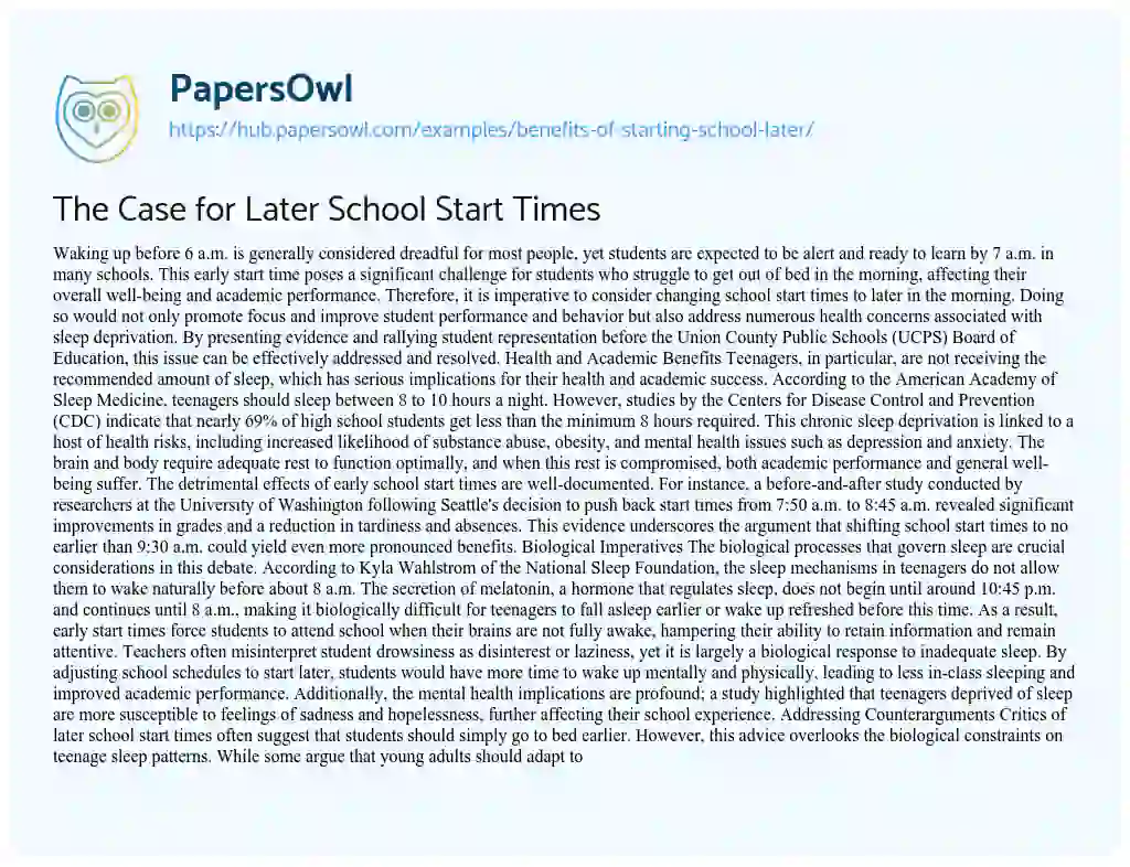 Essay on The Case for Later School Start Times