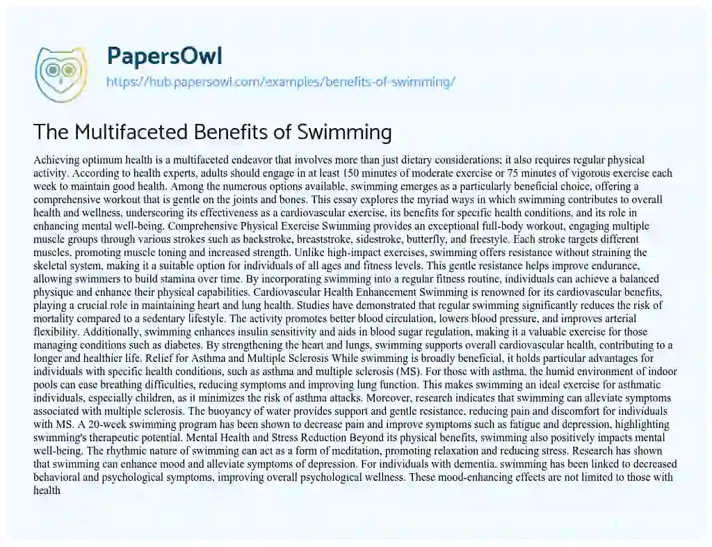 Essay on The Multifaceted Benefits of Swimming