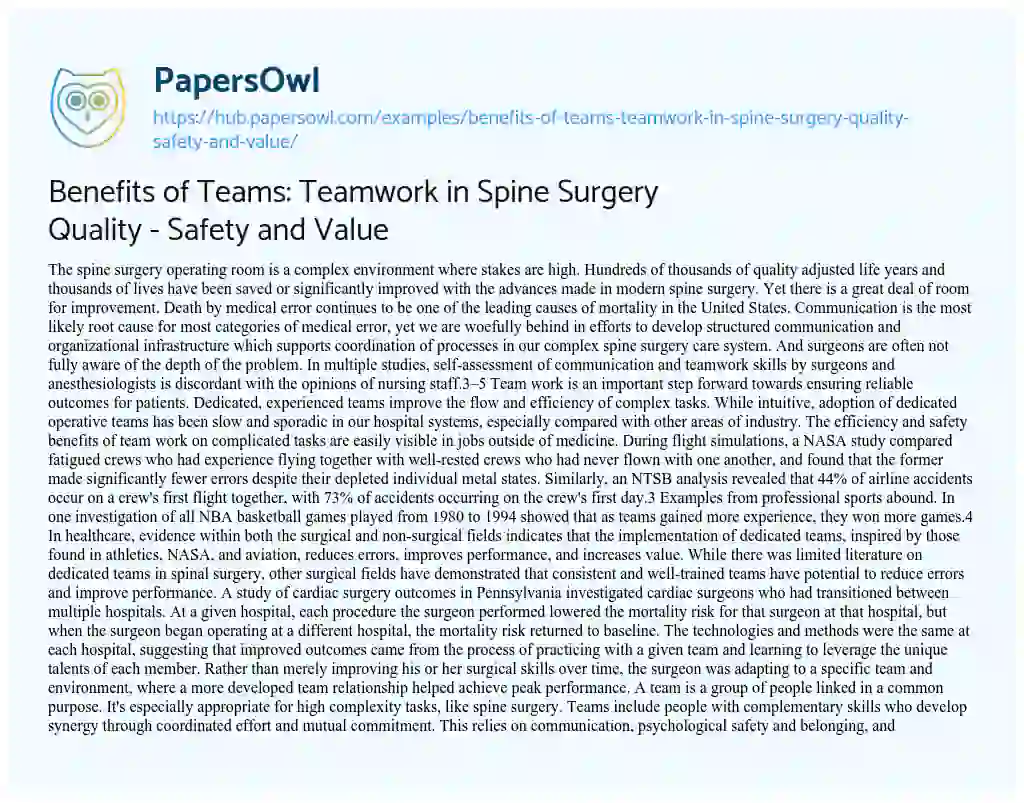 Essay on Benefits of Teams: Teamwork in Spine Surgery Quality – Safety and Value