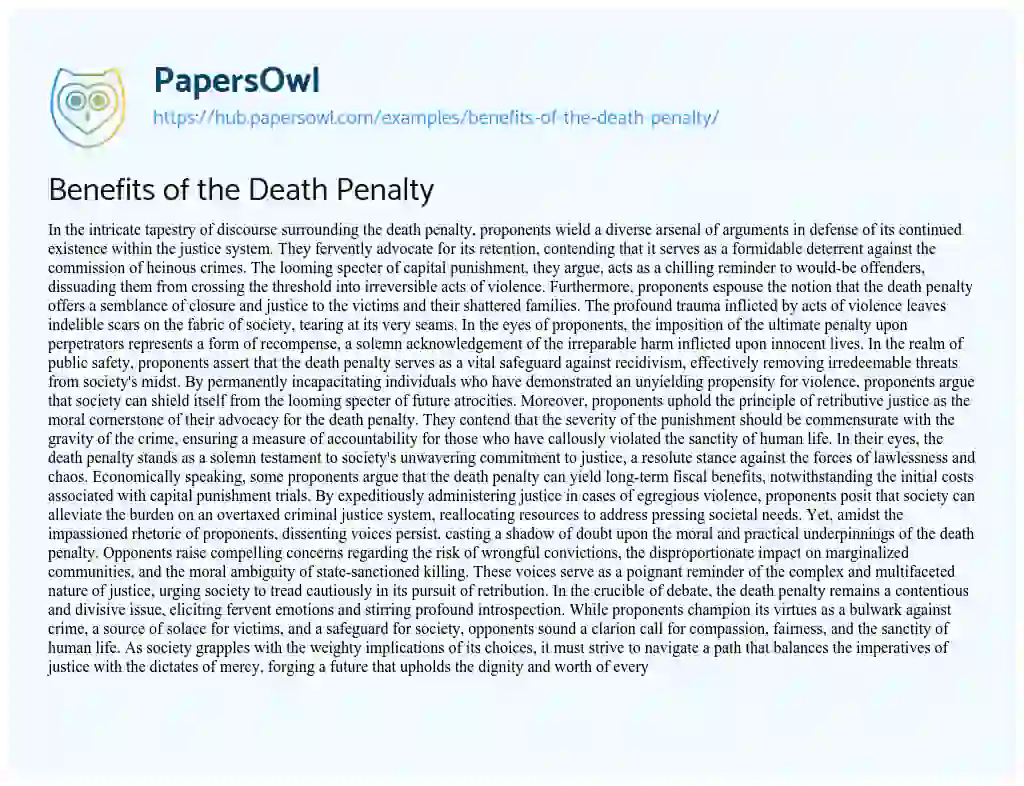 Essay on Benefits of the Death Penalty