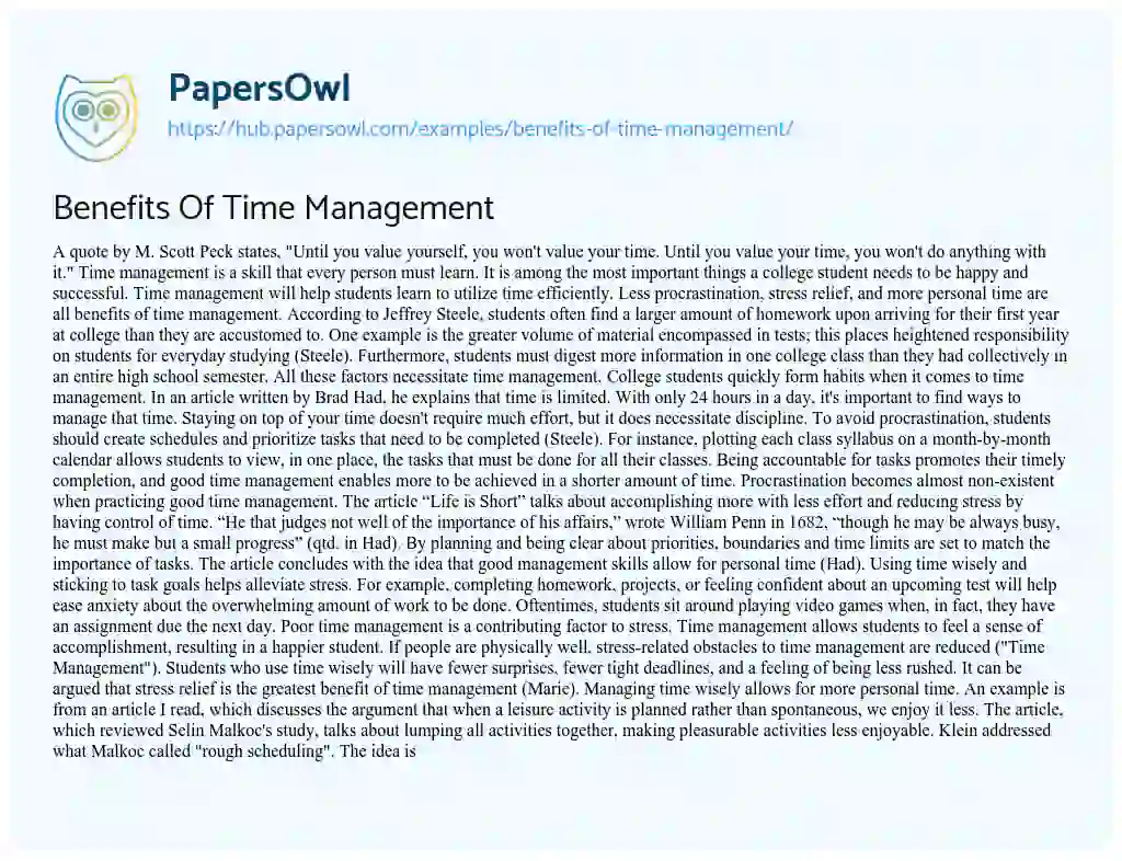 Essay on Benefits Of Time Management