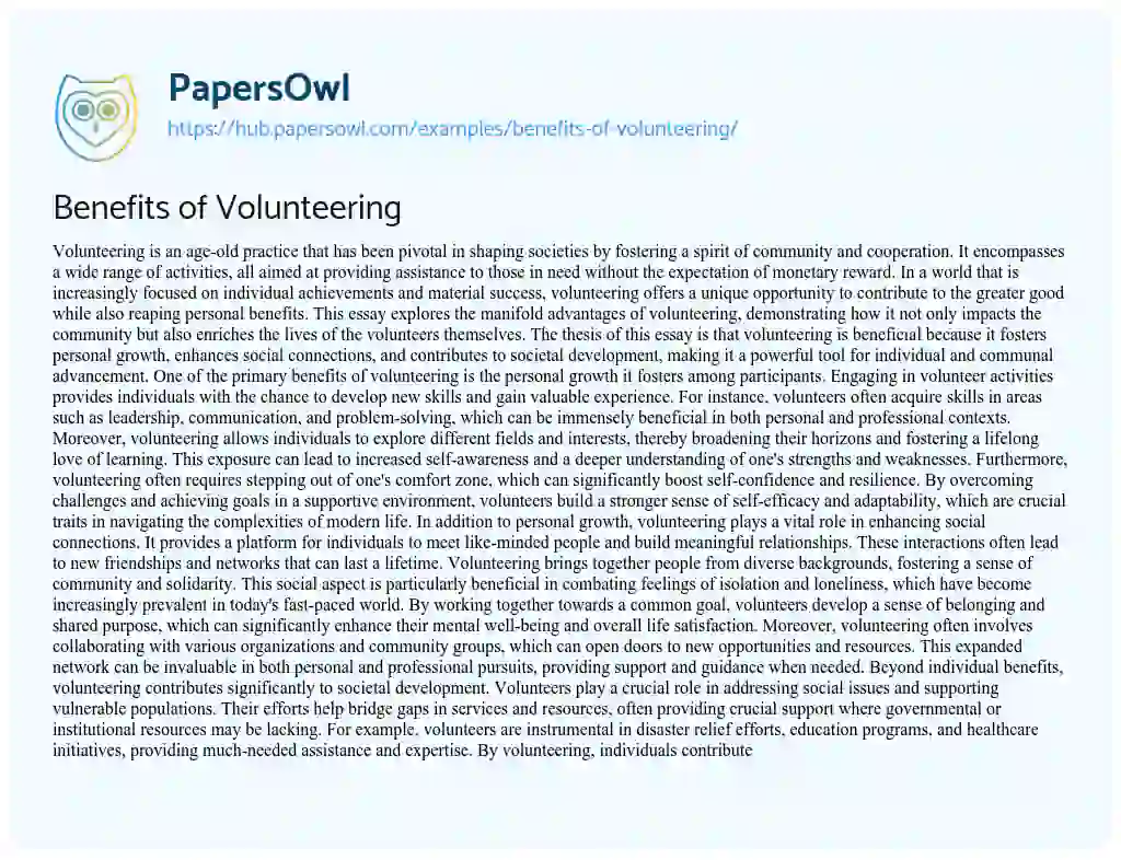 Essay on Benefits of Volunteering
