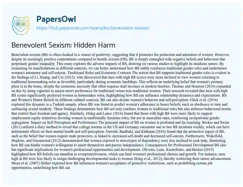Essay on Benevolent Sexism: Hidden Harm