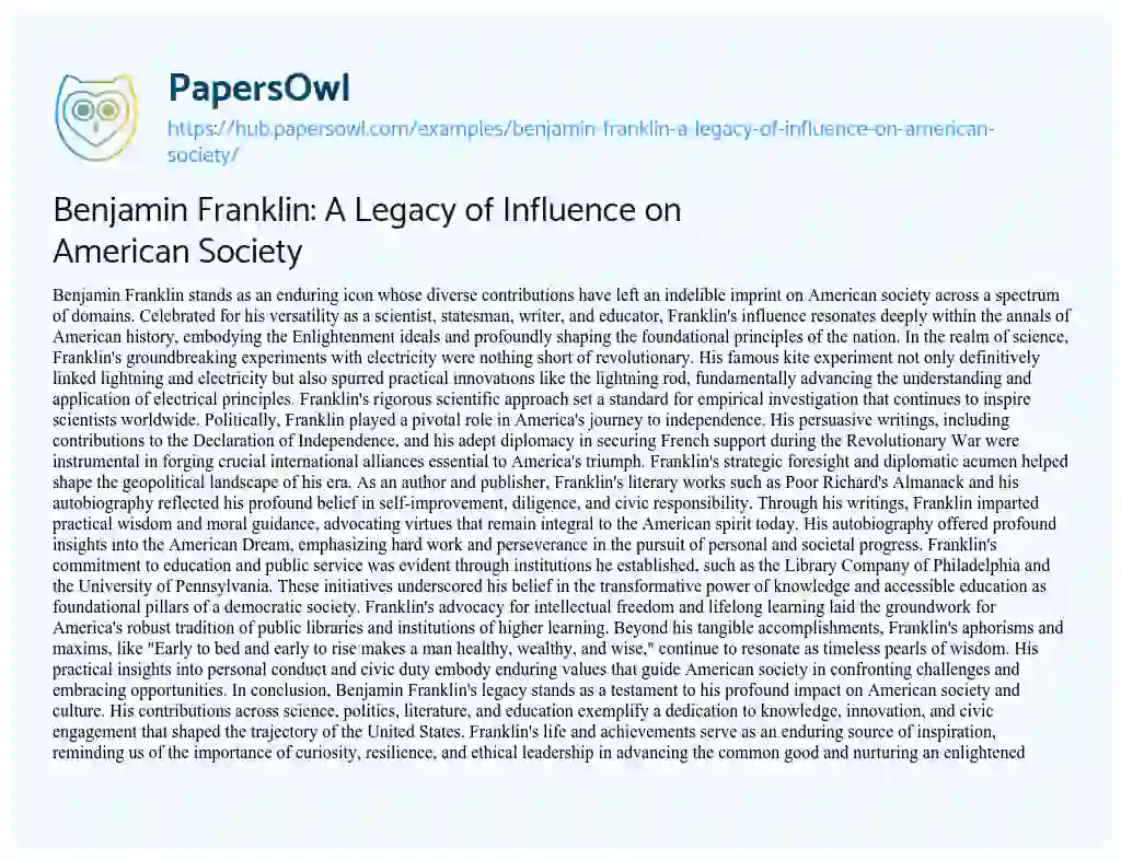 Essay on Benjamin Franklin: A Legacy of Influence on American Society
