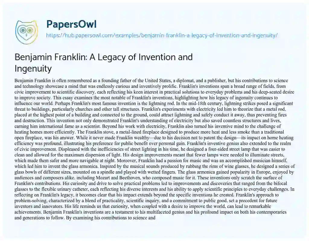 Essay on Benjamin Franklin: A Legacy of Invention and Ingenuity