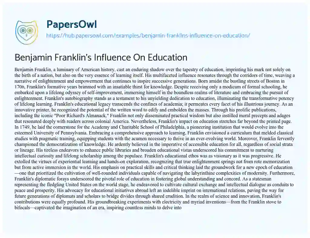 Essay on Benjamin Franklin’s Influence On Education