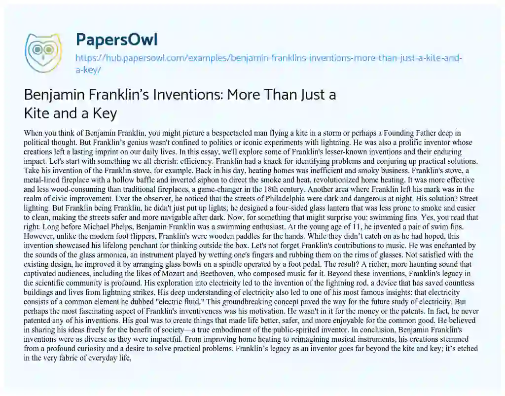 Essay on Benjamin Franklin’s Inventions: More Than Just a Kite and a Key