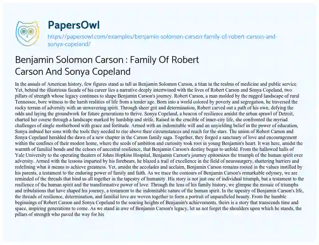 Essay on Benjamin Solomon Carson : Family Of Robert Carson And Sonya Copeland