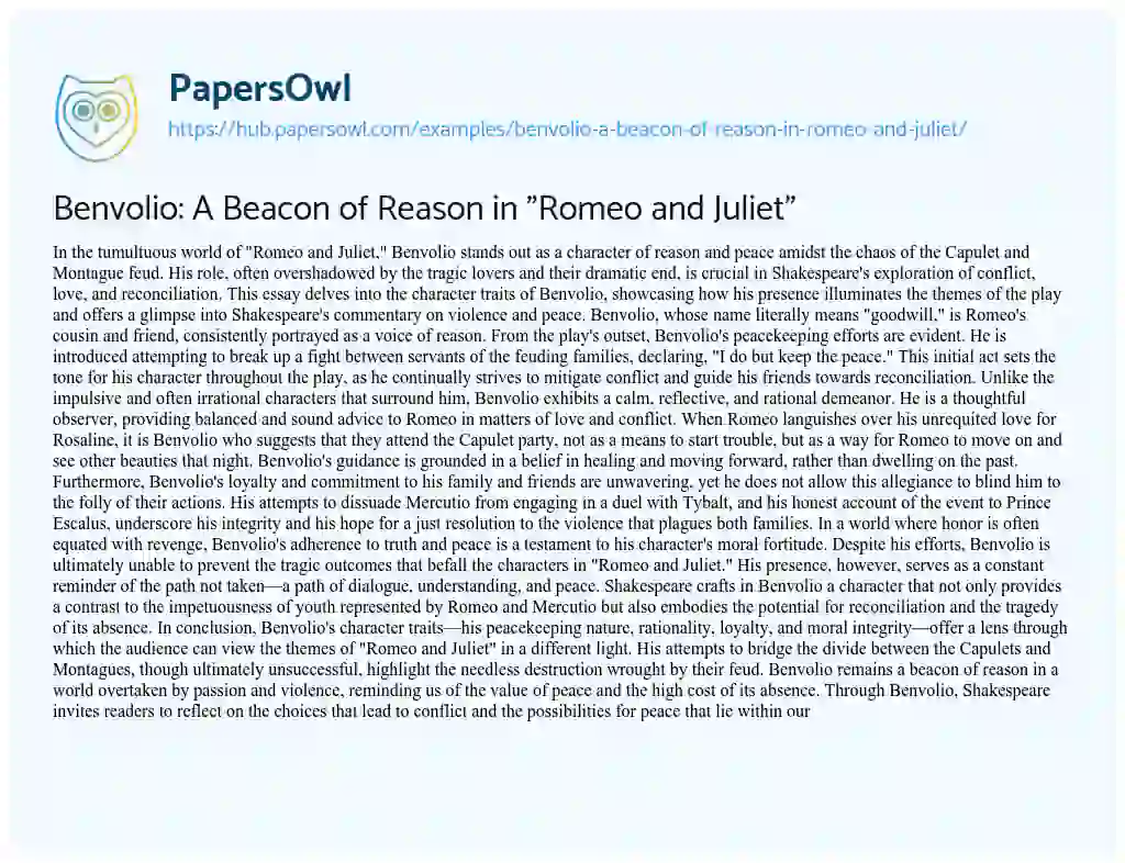 Essay on Benvolio: A Beacon of Reason in “Romeo and Juliet”