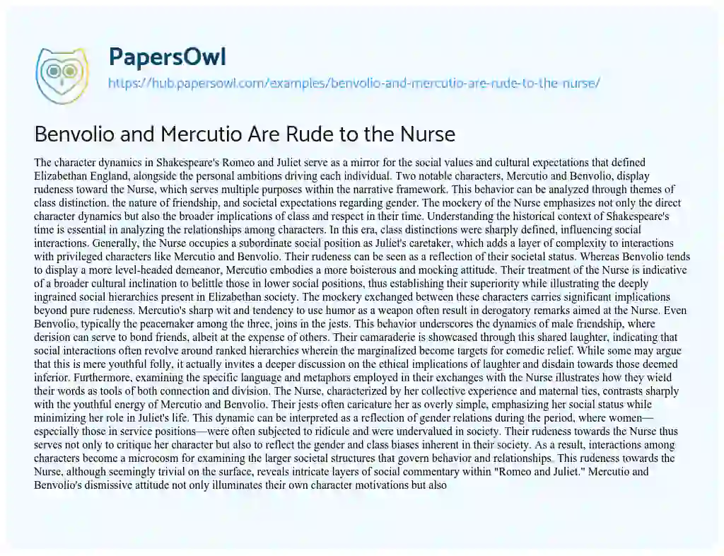 Essay on Benvolio and Mercutio Are Rude to the Nurse