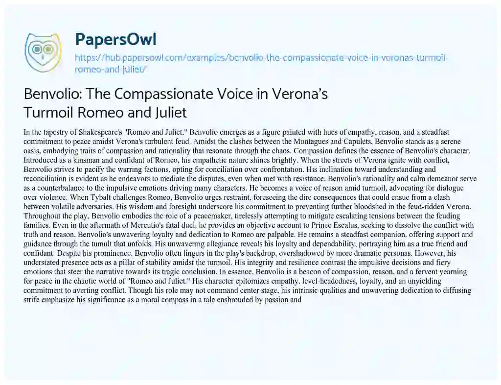 Essay on Benvolio: The Compassionate Voice in Verona’s Turmoil Romeo and Juliet
