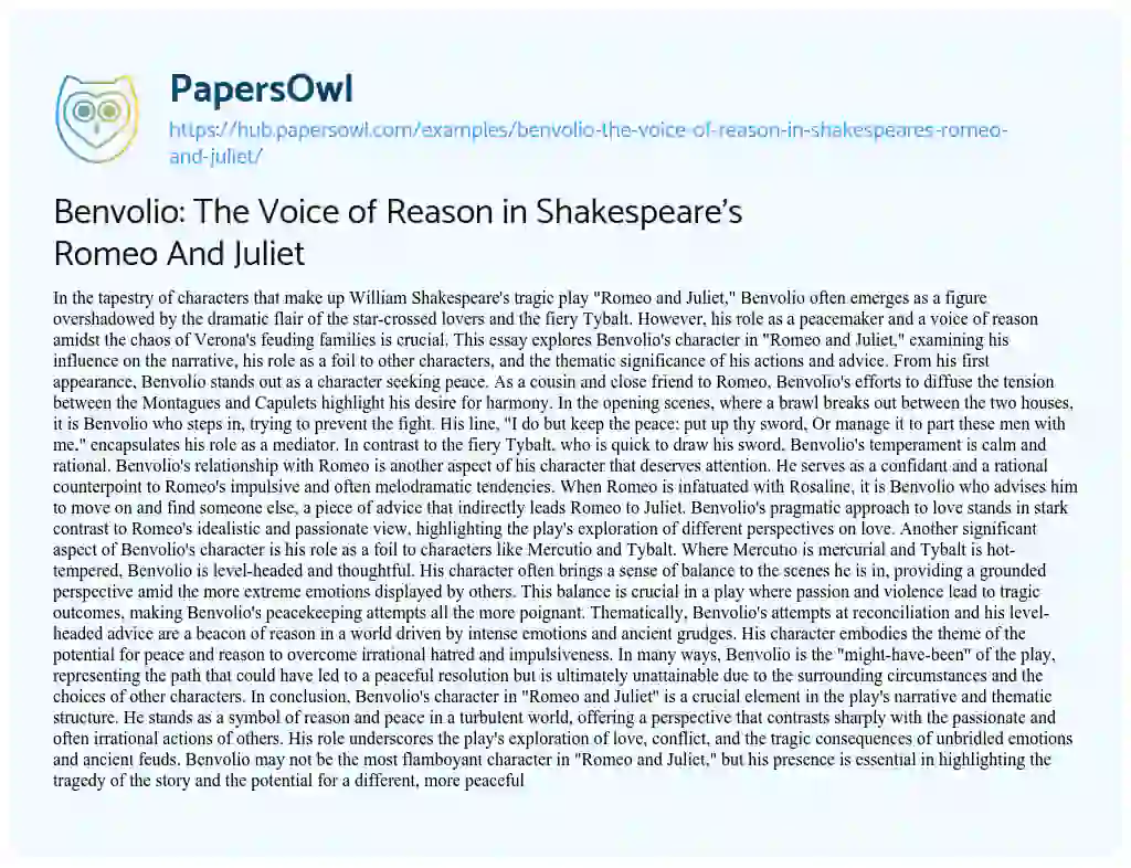 Essay on Benvolio: The Voice of Reason in Shakespeare’s Romeo And Juliet