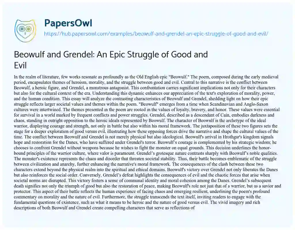 Essay on Beowulf and Grendel: An Epic Struggle of Good and Evil