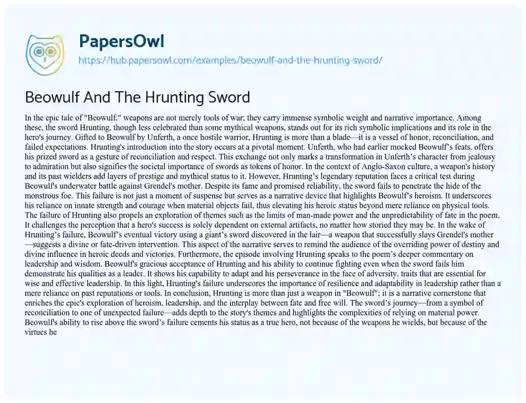 Essay on Beowulf And The Hrunting Sword