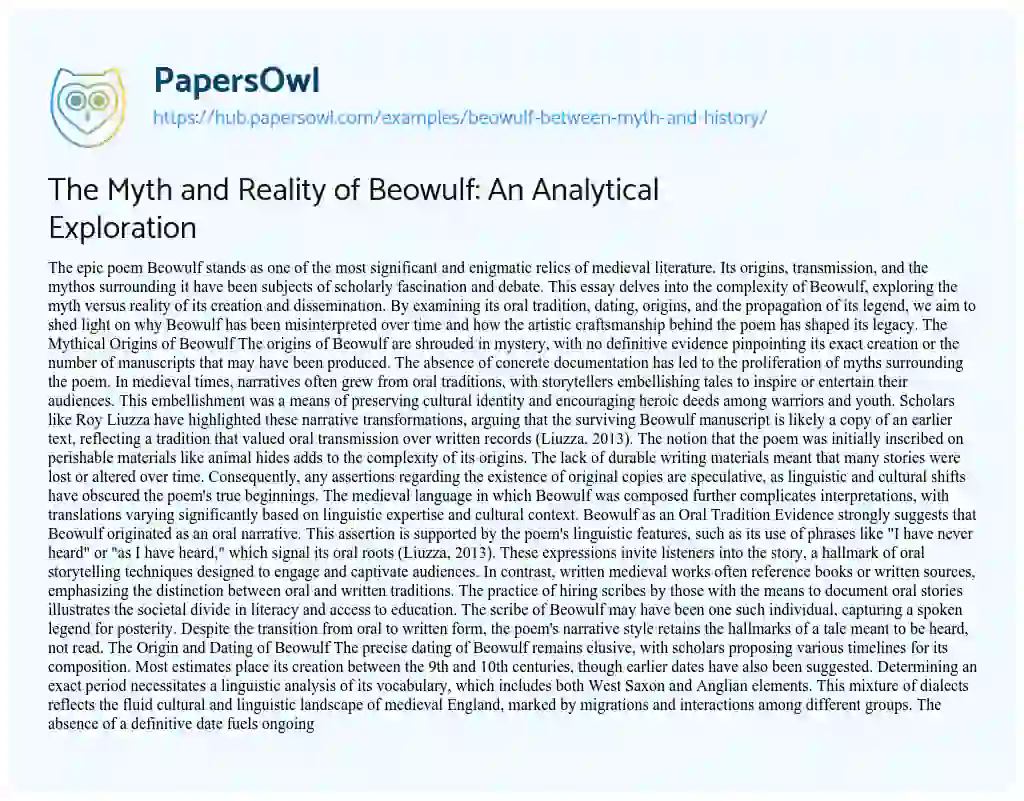 Essay on The Myth and Reality of Beowulf: An Analytical Exploration