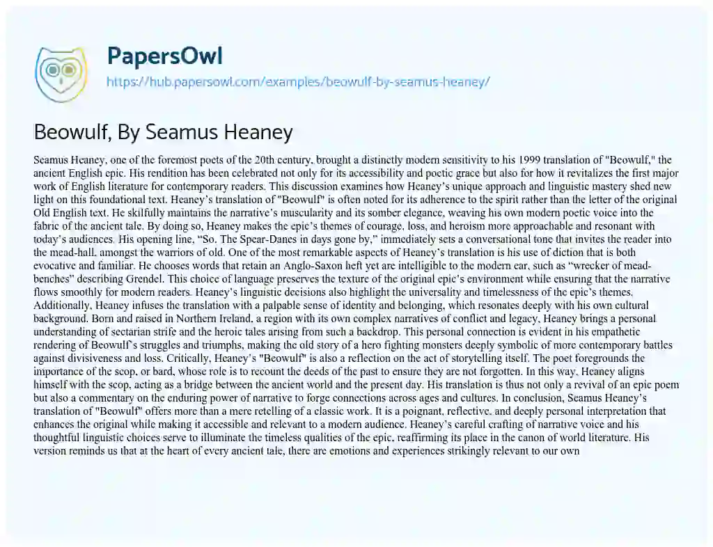 Essay on Beowulf, By Seamus Heaney