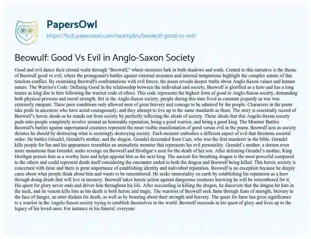 Essay on Beowulf: Good Vs Evil in Anglo-Saxon Society