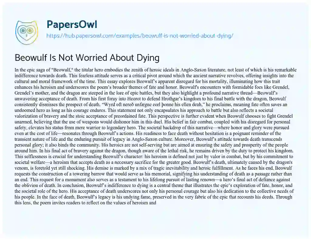 Essay on Beowulf Is Not Worried About Dying