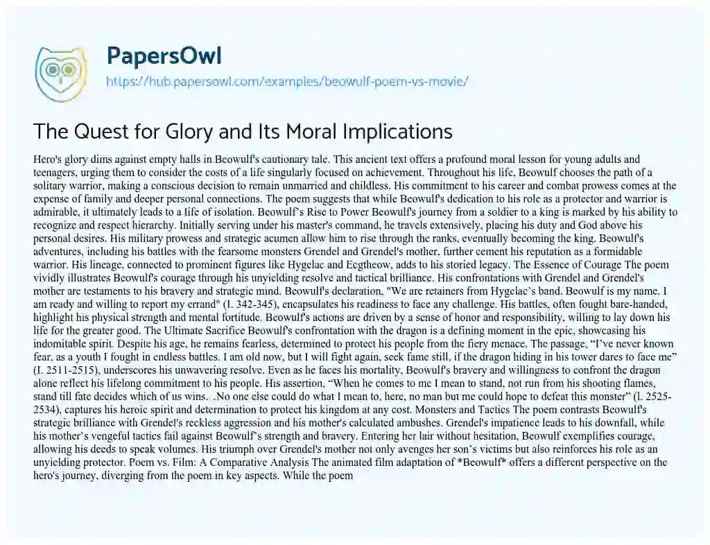 Essay on The Quest for Glory and Its Moral Implications