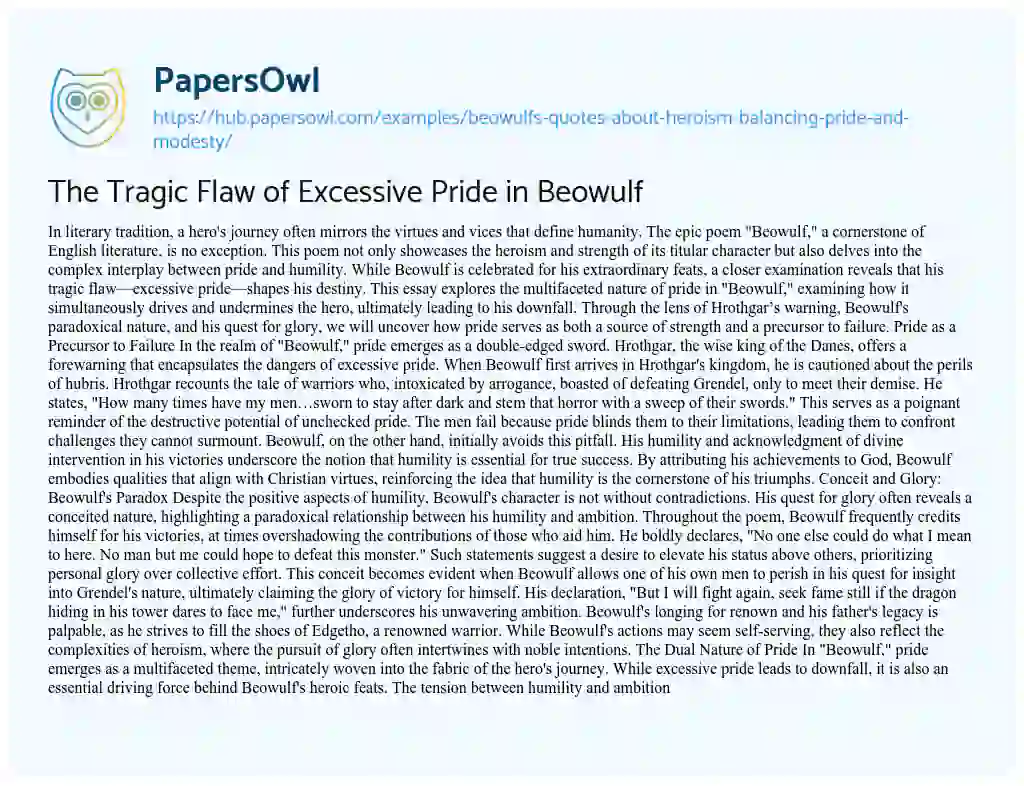 Essay on The Tragic Flaw of Excessive Pride in Beowulf