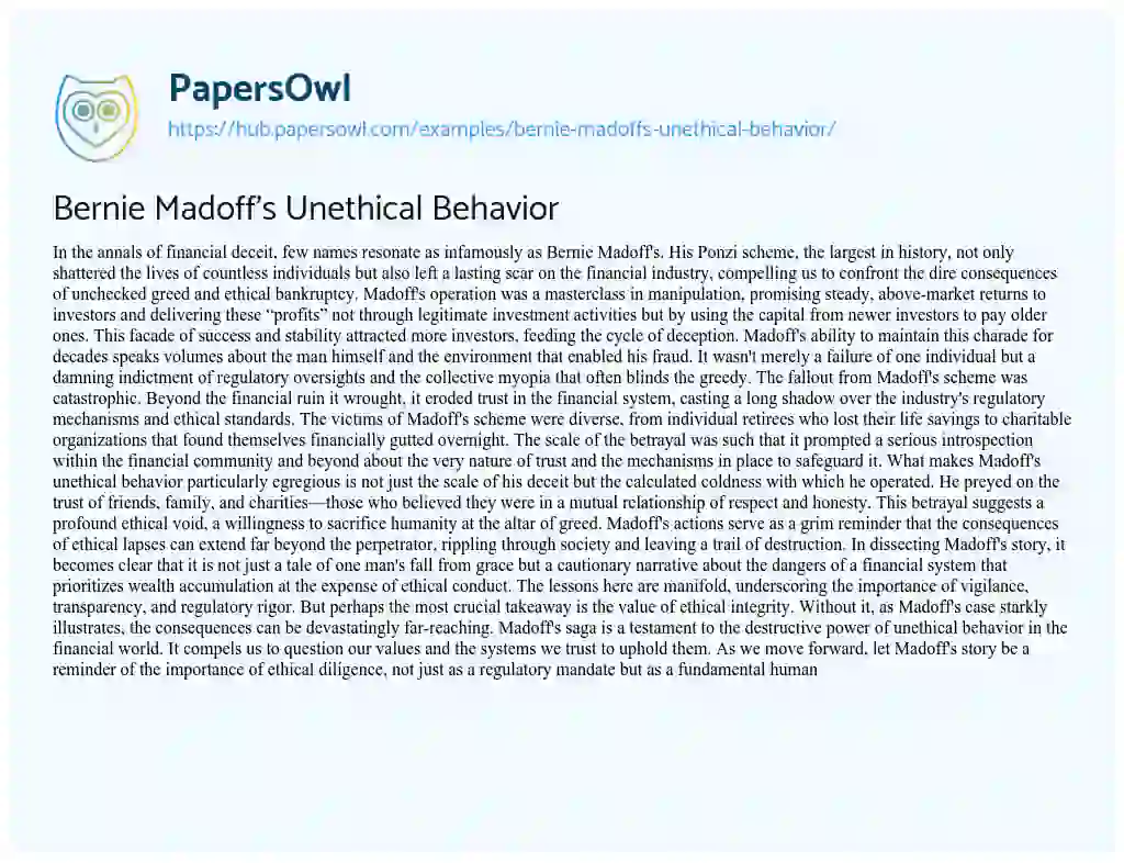Essay on Bernie Madoff’s Unethical Behavior