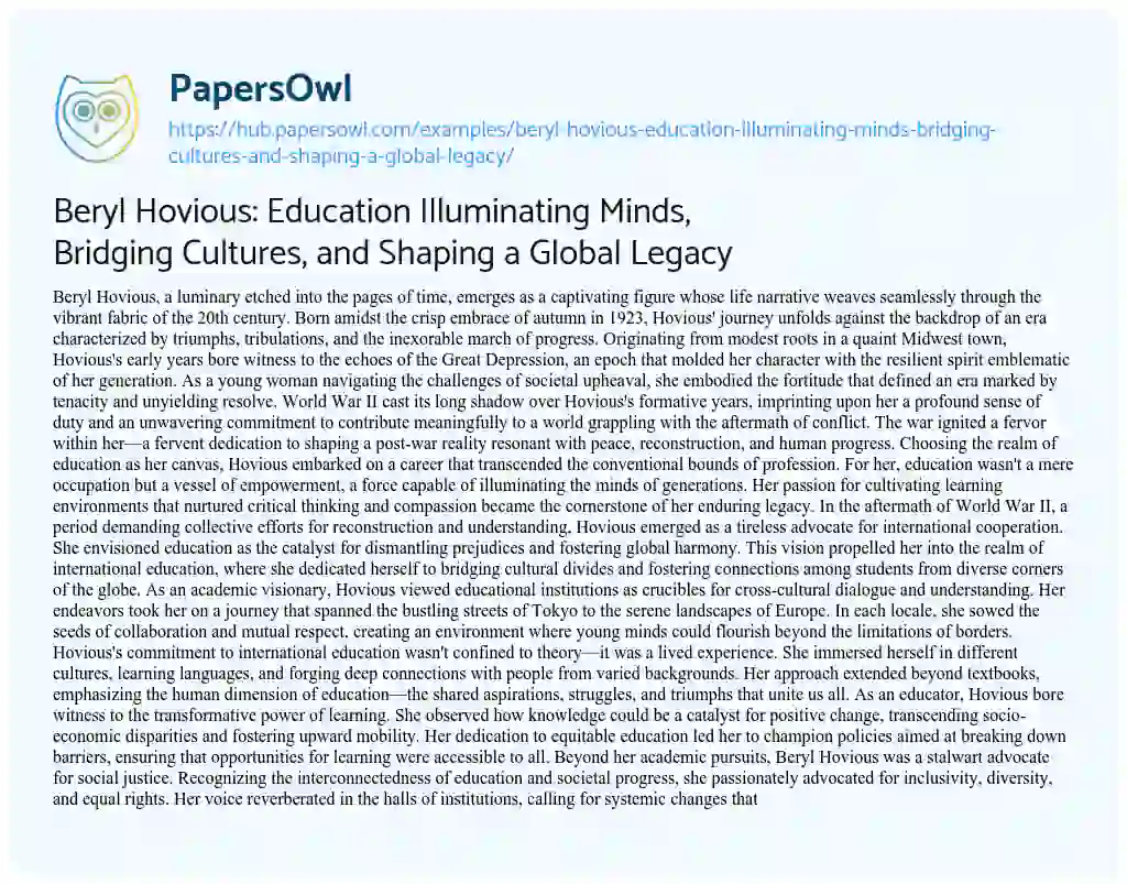 Essay on Beryl Hovious: Education Illuminating Minds, Bridging Cultures, and Shaping a Global Legacy
