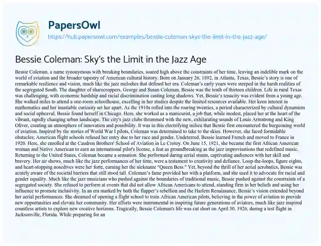 Essay on Bessie Coleman: Sky’s the Limit in the Jazz Age
