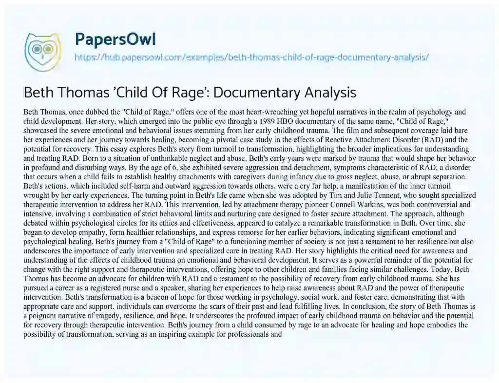 Essay on Beth Thomas ‘Child Of Rage’: Documentary Analysis