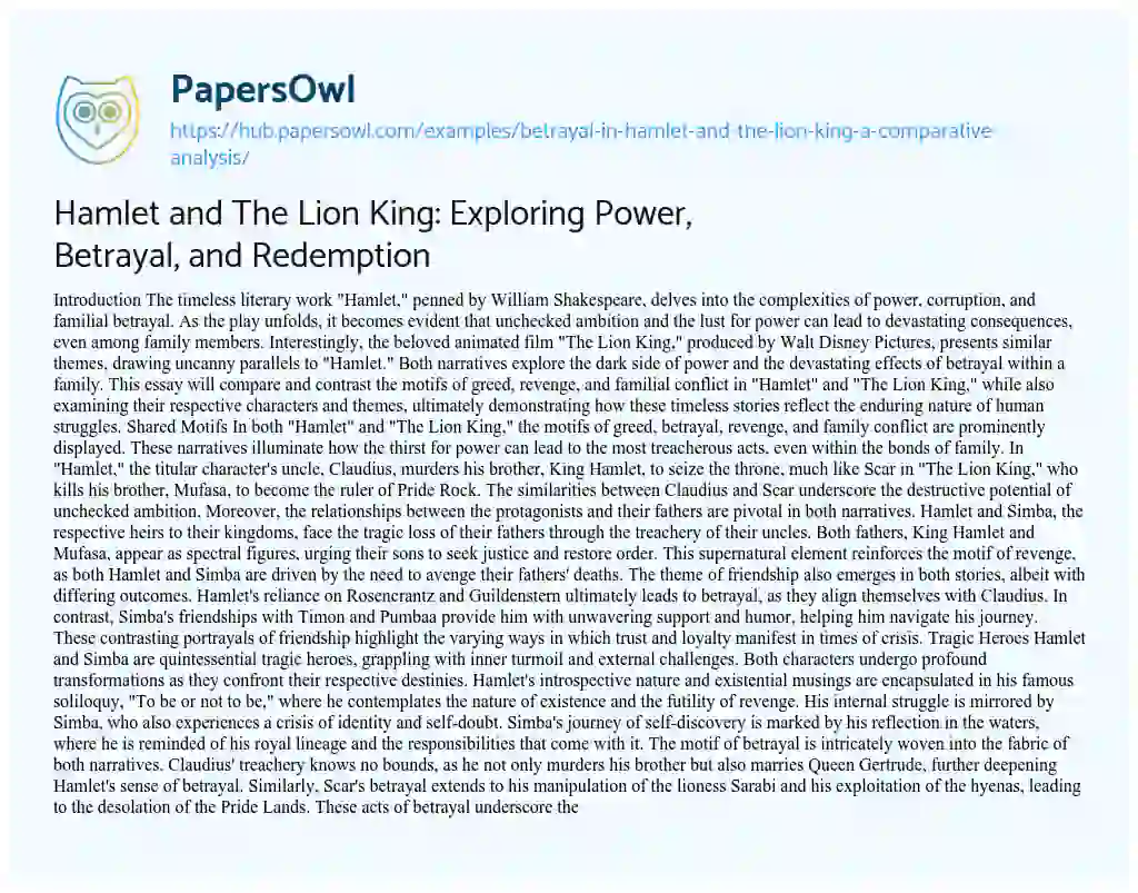 Essay on Hamlet and The Lion King: Exploring Power, Betrayal, and Redemption